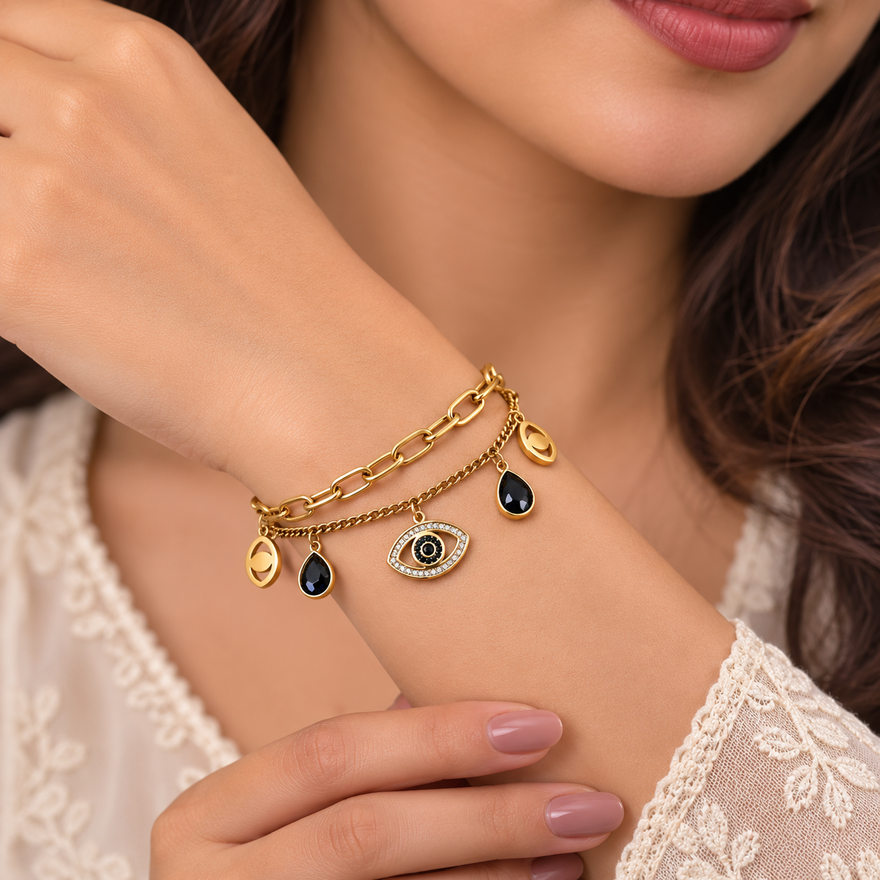 Gold Evil Eye Charm Layered Bracelet