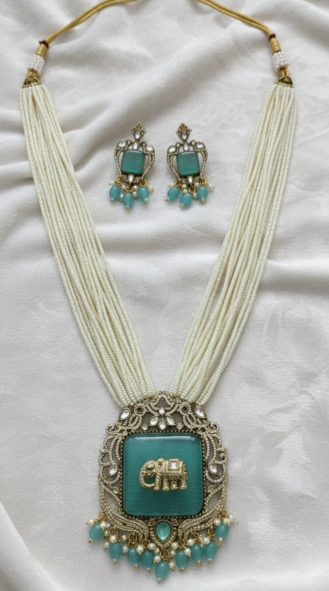 Mint Green Antique Elephant Gold Plated Multi-Layer Pearl Necklace Set for Women