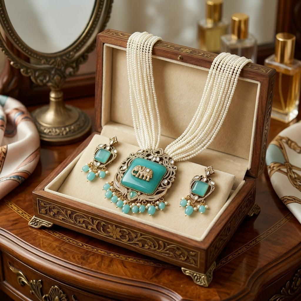 Mint Green Elephant Antique Gold Plated Multi-Layer Pearl Necklace Set