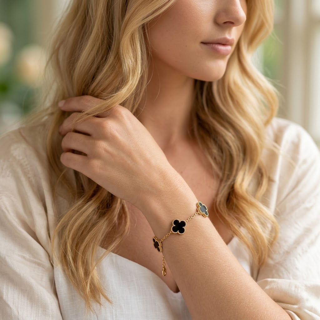 Golden Black Clover Charm Anti Tarnish Bracelet for Women