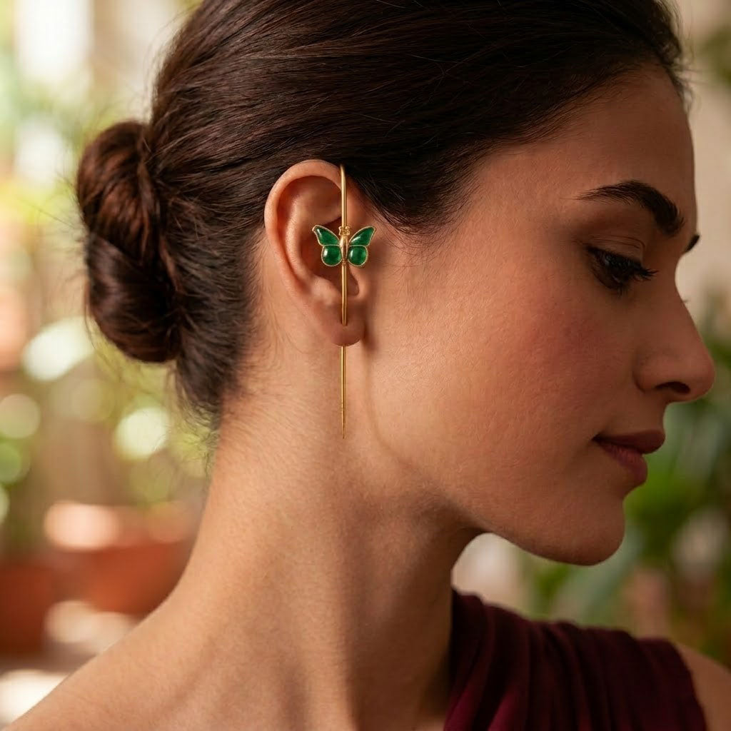 Gold Plated Butterfly Ear Cuff Earrings for Women – Pink & Green