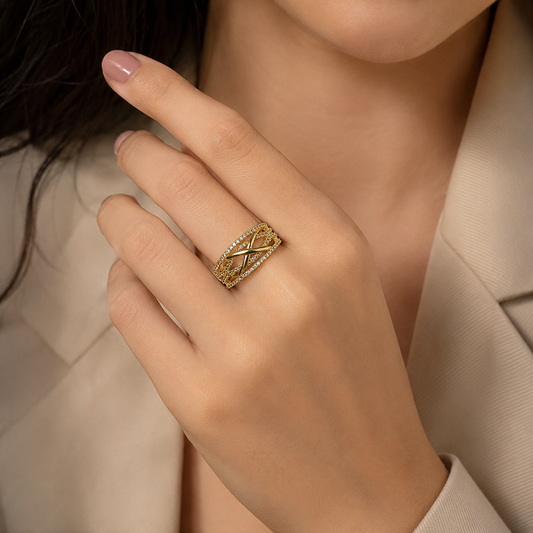 Elegant Gold Criss-Cross Pavé Ring