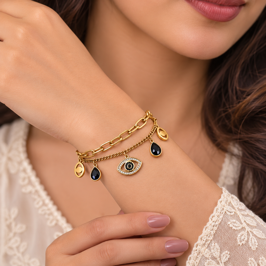 Gold Evil Eye Charm Layered Bracelet