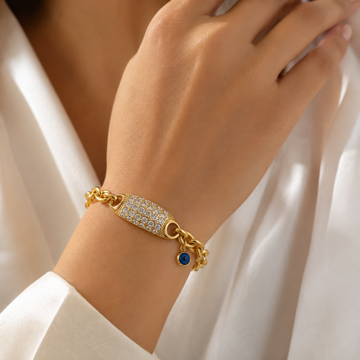 Gold Pavé Evil Eye Chain Bracelet