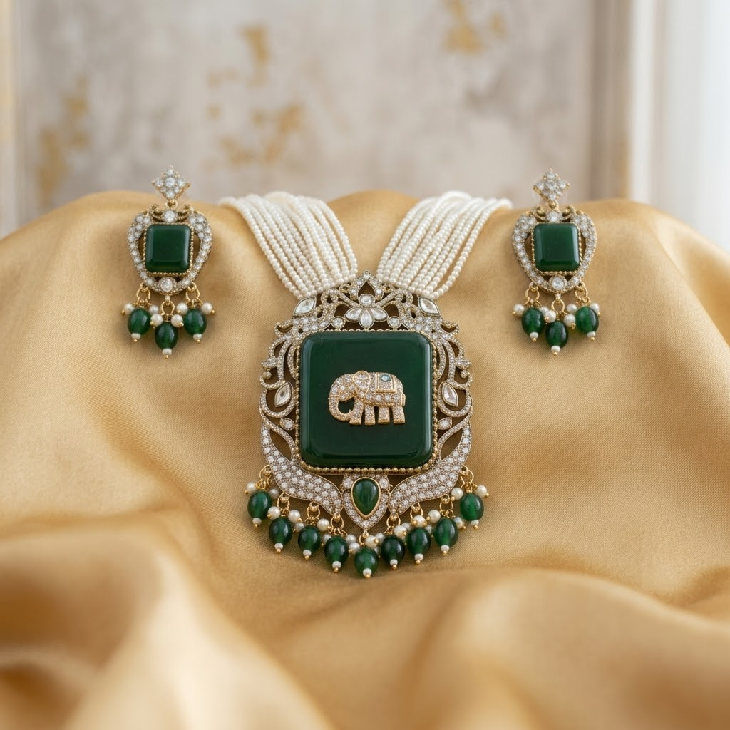 Antique Elephant Emerald Green Gold Plated Pearl Necklace Set for Women