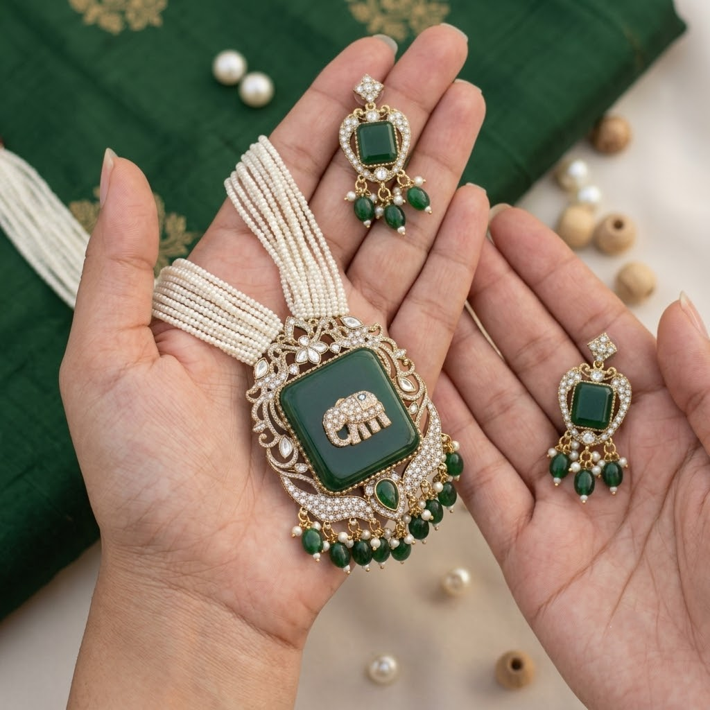 Antique Elephant Emerald Green Gold Plated Pearl Necklace Set for Women