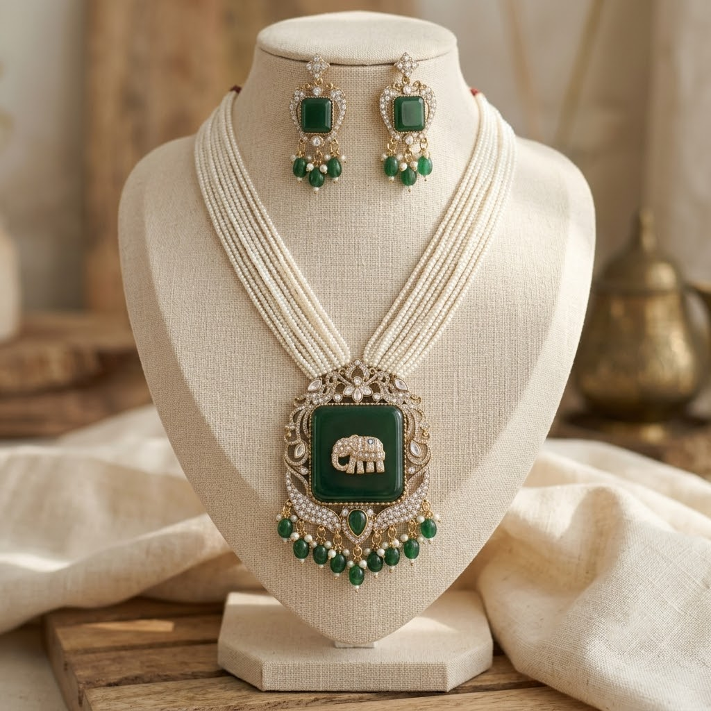 Antique Elephant Emerald Green Gold Plated Pearl Necklace Set for Women