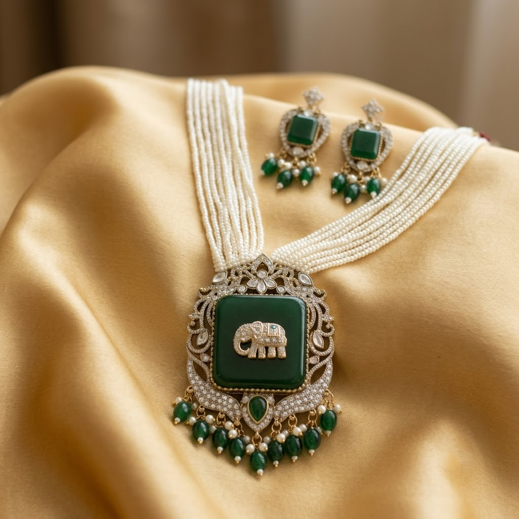 Antique Elephant Emerald Green Gold Plated Pearl Necklace Set for Women