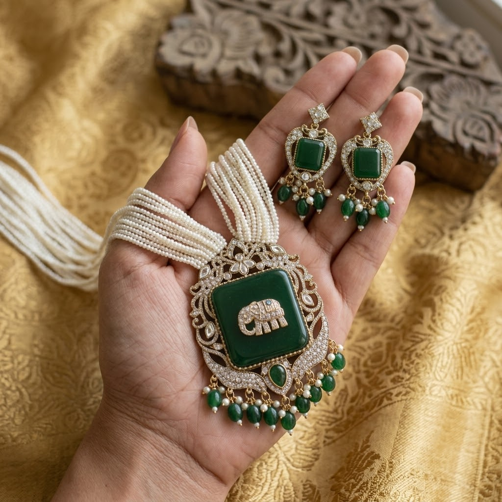 Antique Elephant Emerald Green Gold Plated Pearl Necklace Set for Women