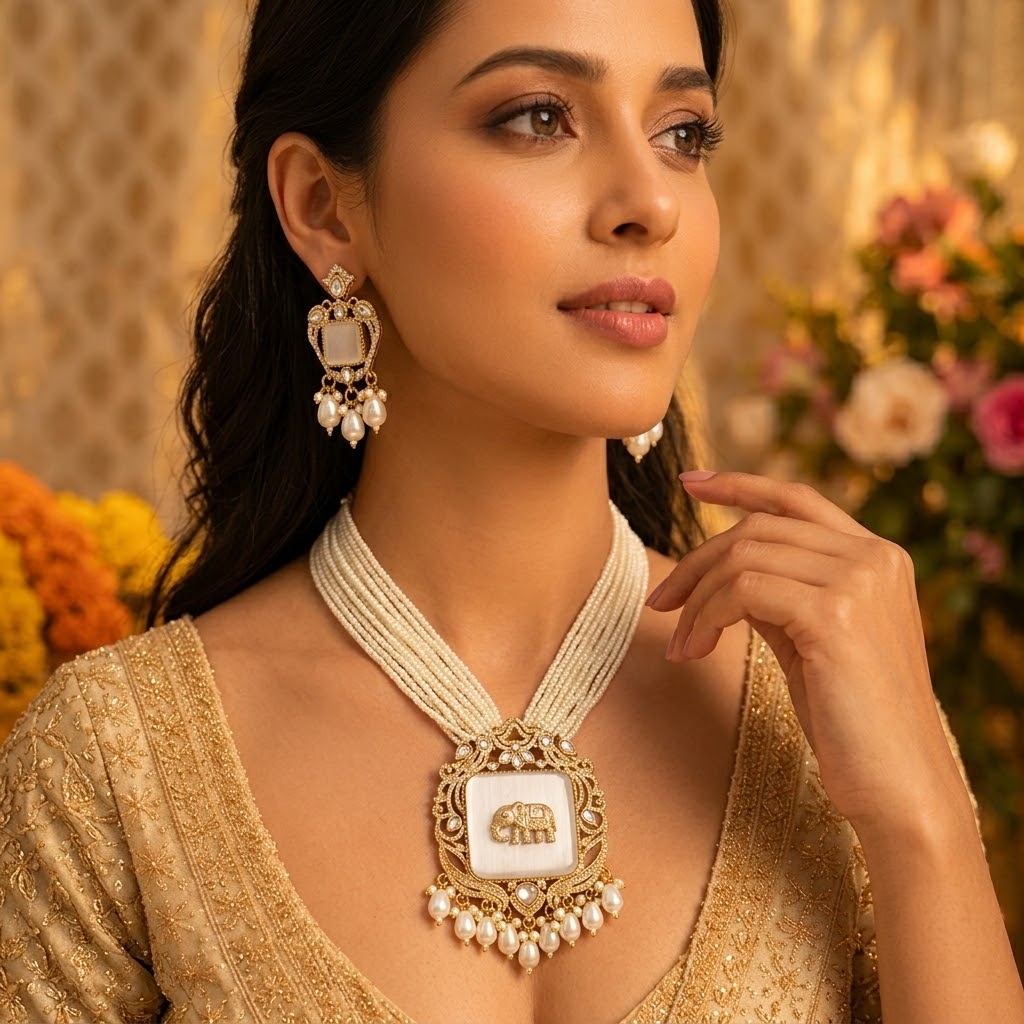 Grey Antique Gold Plated Women Multi-Layer Pearl Necklace Set