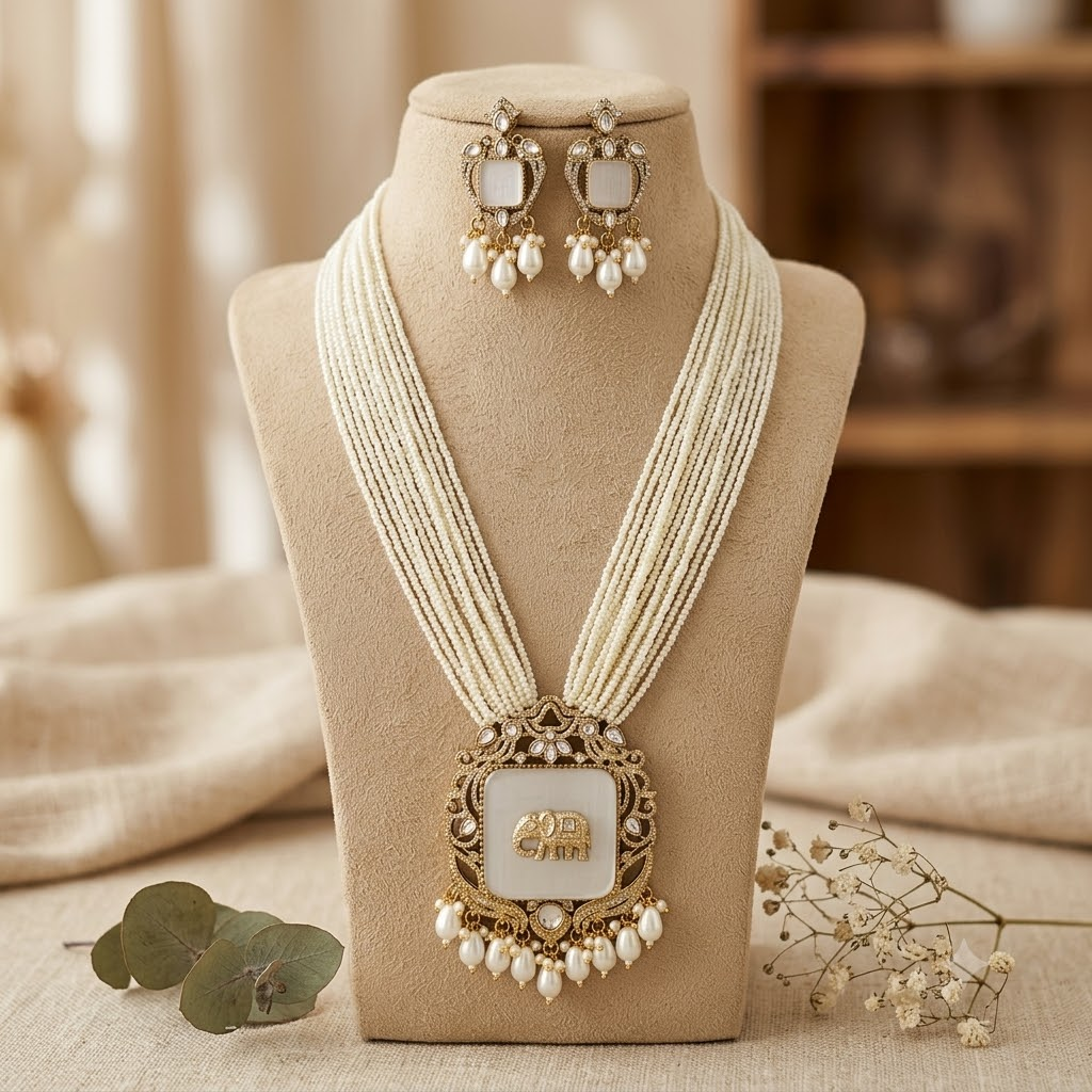 Grey Antique Gold Plated Women Multi-Layer Pearl Necklace Set