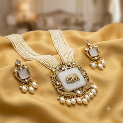 Grey Antique Gold Plated Women Multi-Layer Pearl Necklace Set