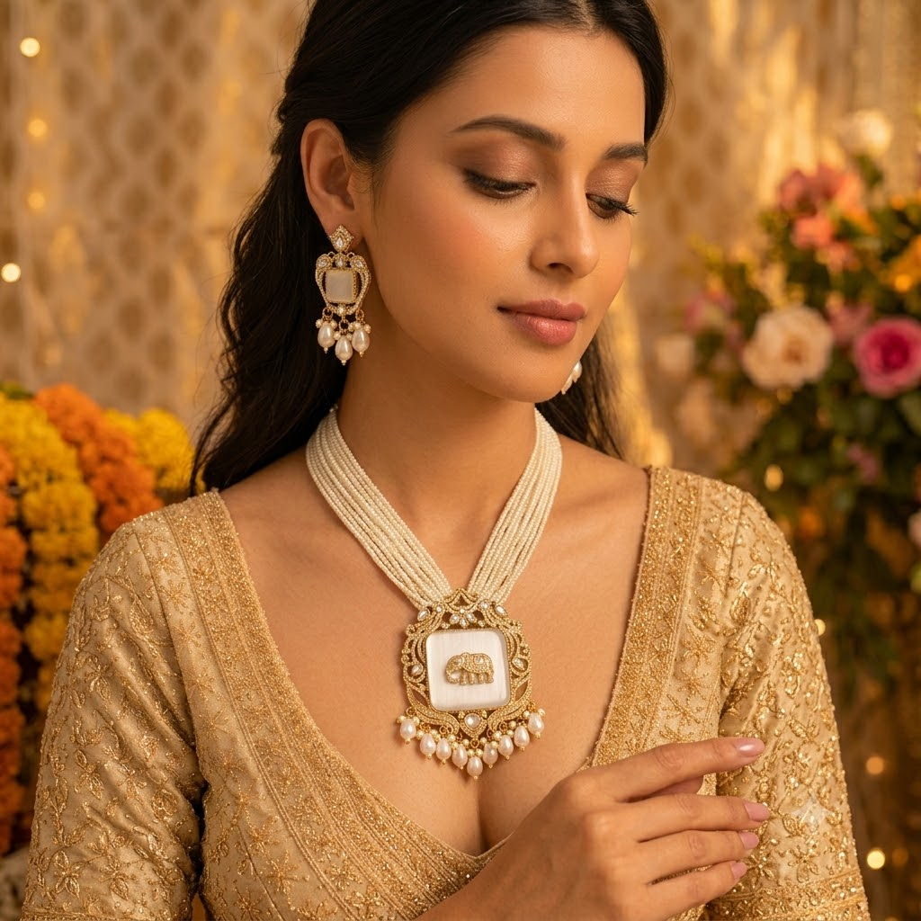Grey Antique Gold Plated Women Multi-Layer Pearl Necklace Set