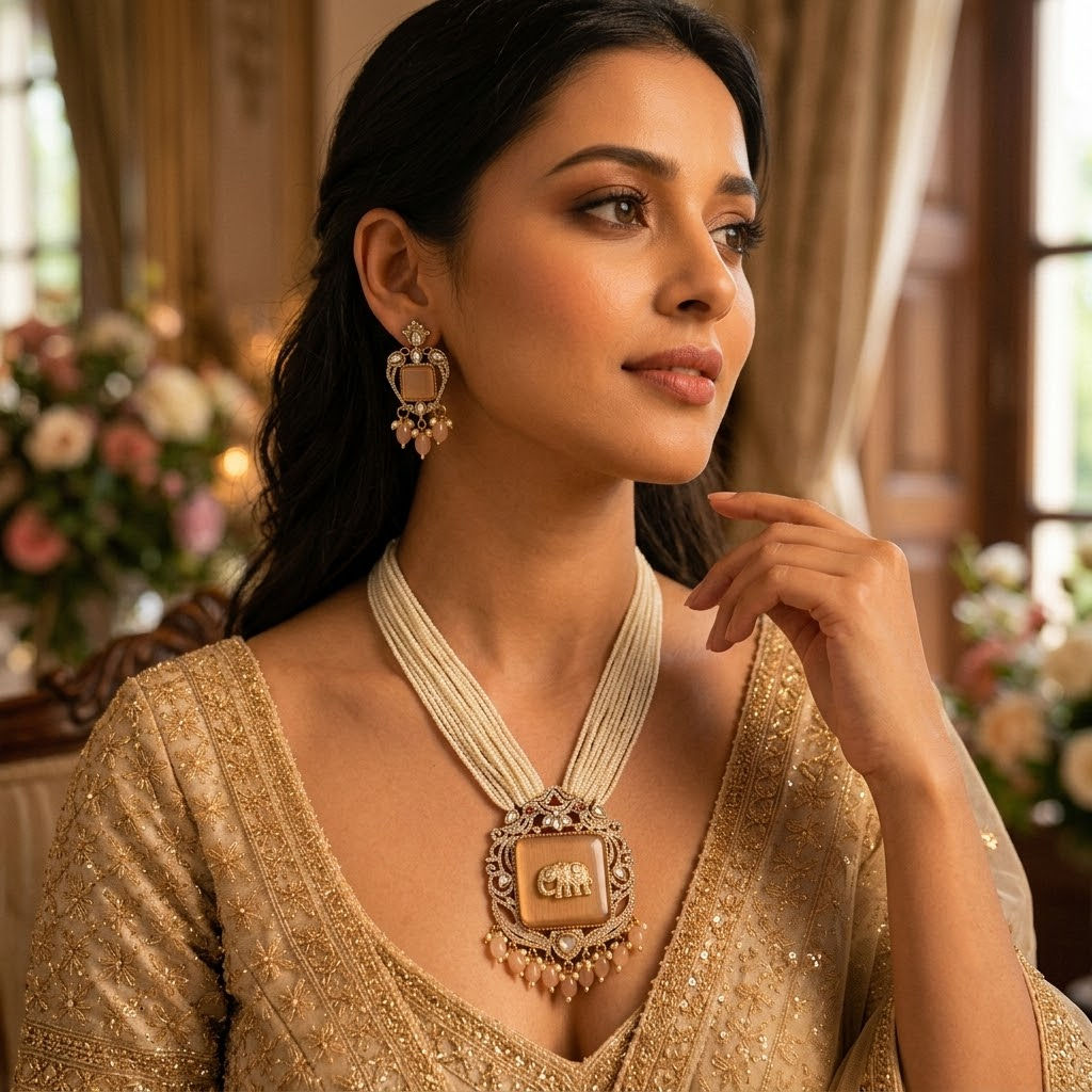 Elephant Peach Antique Gold Plated Multi-Layer Pearl Women Necklace Set