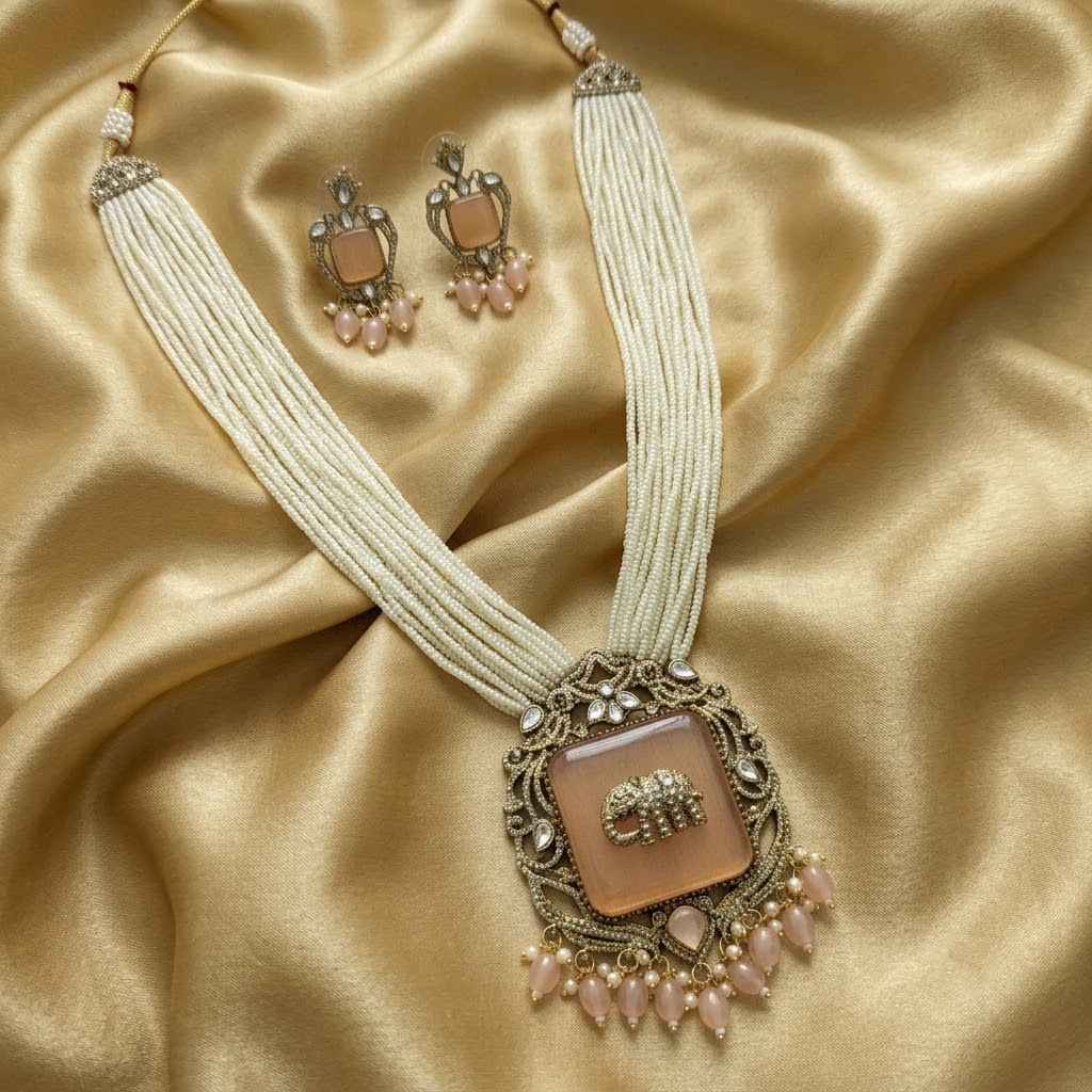 Elephant Peach Antique Gold Plated Multi-Layer Pearl Women Necklace Set