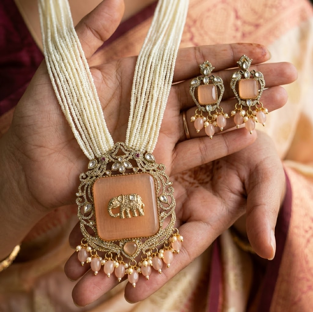 Elephant Peach Antique Gold Plated Multi-Layer Pearl Women Necklace Set