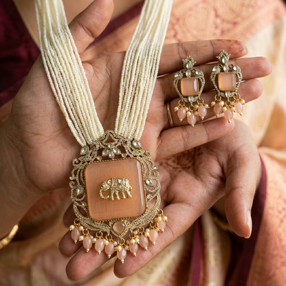 Elephant Peach Antique Gold Plated Multi-Layer Pearl Women Necklace Set