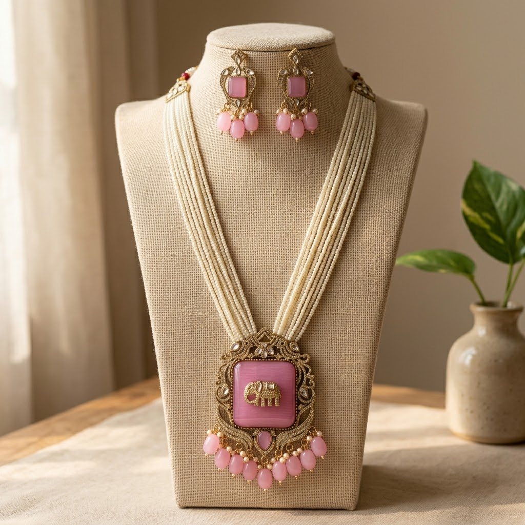 Elephant Peach Antique Gold Plated Multi-Layer Pearl Women Necklace Set