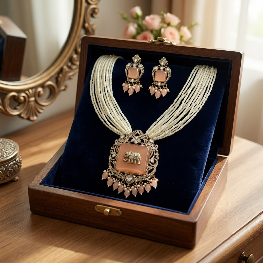 Elephant Peach Antique Gold Plated Multi-Layer Pearl Women Necklace Set
