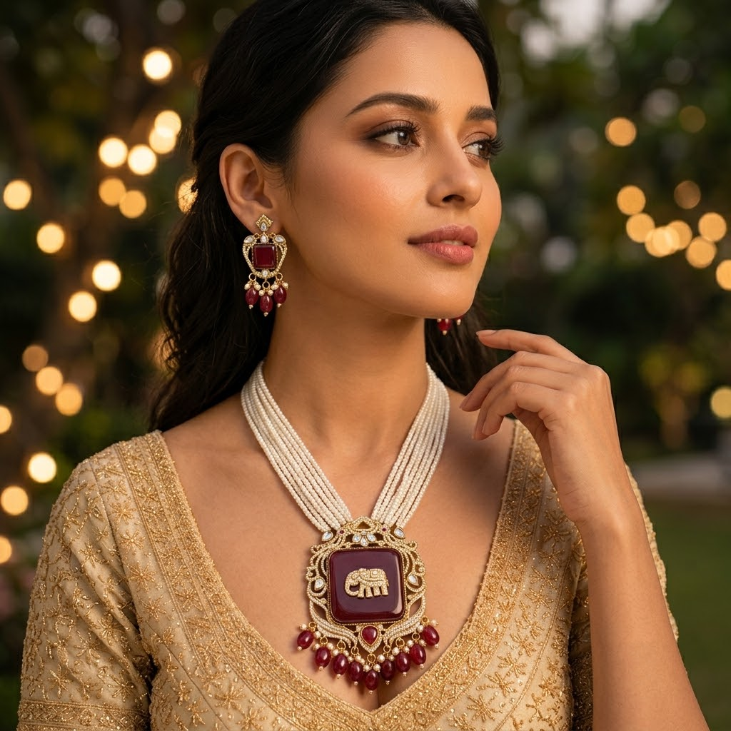 Women Red Antique Elephant Gold Plated Multi-Layer Pearl Necklace Set