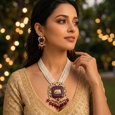 Women Red Antique Elephant Gold Plated Multi-Layer Pearl Necklace Set