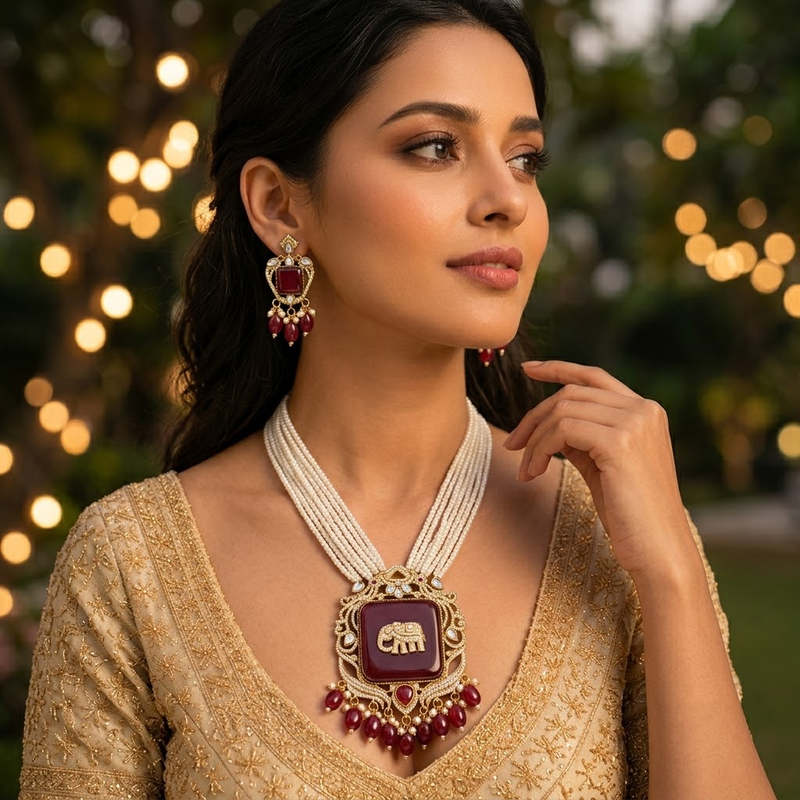 Women Red Antique Elephant Gold Plated Multi-Layer Pearl Necklace Set