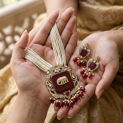 Elephant Red Antique Gold Plated Multi-Layer Pearl Women Necklace Set
