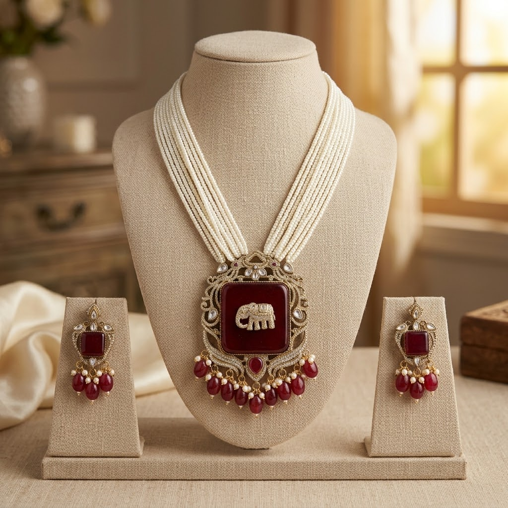 Women Red Antique Elephant Gold Plated Multi-Layer Pearl Necklace Set