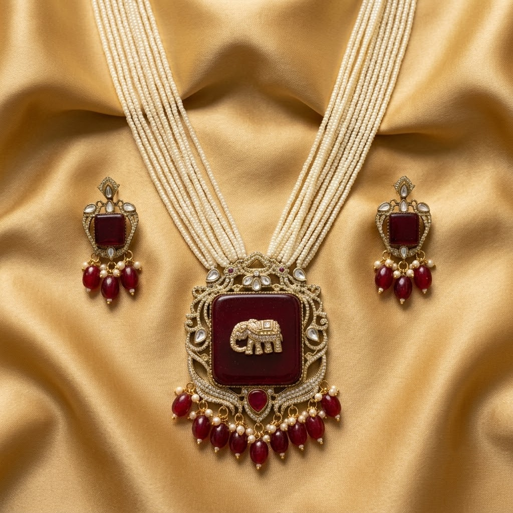 Women Red Antique Elephant Gold Plated Multi-Layer Pearl Necklace Set