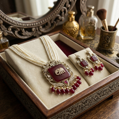 Elephant Red Antique Gold Plated Multi-Layer Pearl Women Necklace Set