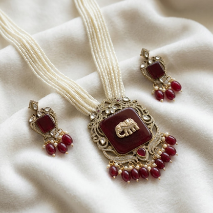 Elephant Red Antique Gold Plated Multi-Layer Pearl Women Necklace Set