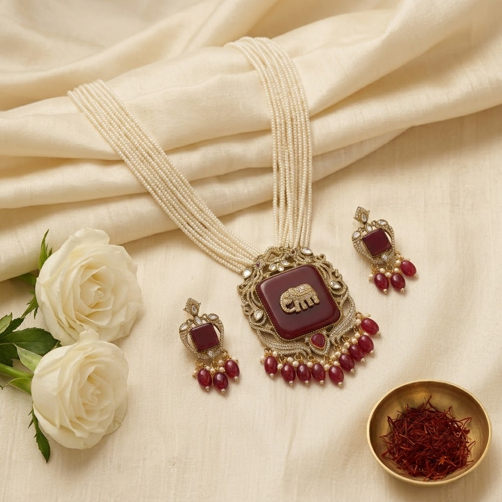 Women Red Antique Elephant Gold Plated Multi-Layer Pearl Necklace Set