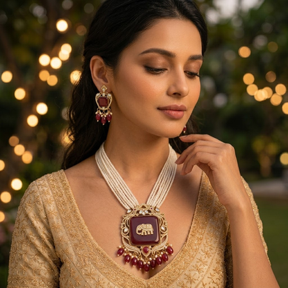 Elephant Red Antique Gold Plated Multi-Layer Pearl Women Necklace Set