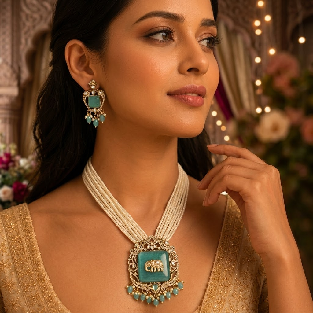 Mint Green Elephant Antique Gold Plated Multi-Layer Pearl Necklace Set