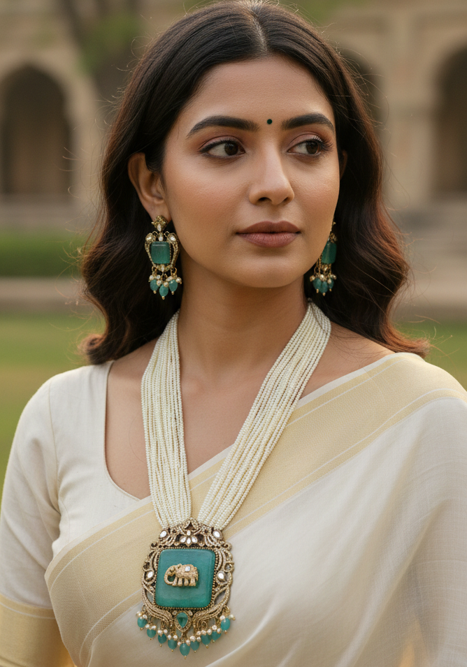 Mint Green Antique Elephant Gold Plated Multi-Layer Pearl Necklace Set for Women