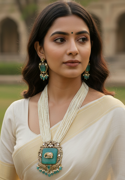 Mint Green Antique Elephant Gold Plated Multi-Layer Pearl Necklace Set for Women