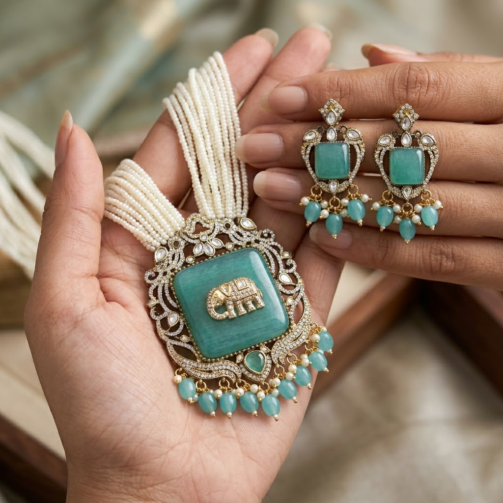 Mint Green Elephant Antique Gold Plated Multi-Layer Pearl Necklace Set