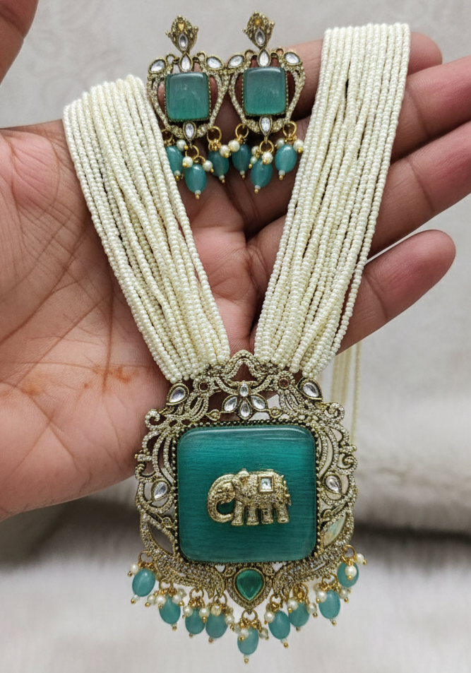 Mint Green Antique Elephant Gold Plated Multi-Layer Pearl Necklace Set for Women