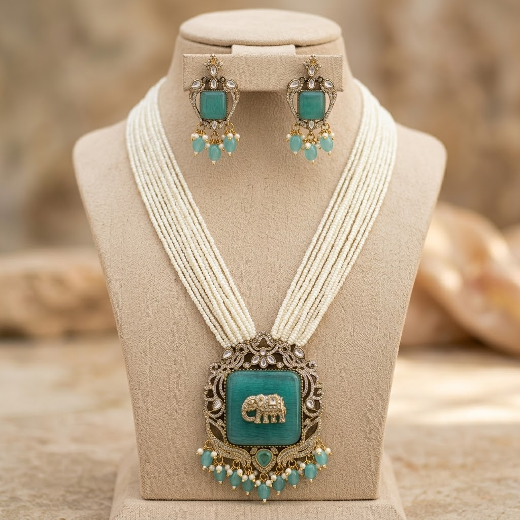 Mint Green Elephant Antique Gold Plated Multi-Layer Pearl Necklace Set