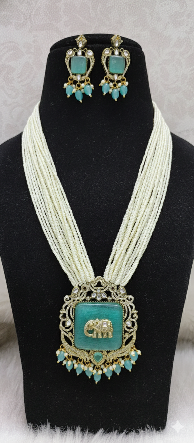 Mint Green Antique Elephant Gold Plated Multi-Layer Pearl Necklace Set for Women
