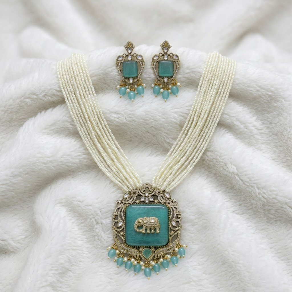 Mint Green Elephant Antique Gold Plated Multi-Layer Pearl Necklace Set