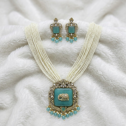 Mint Green Elephant Antique Gold Plated Multi-Layer Pearl Necklace Set