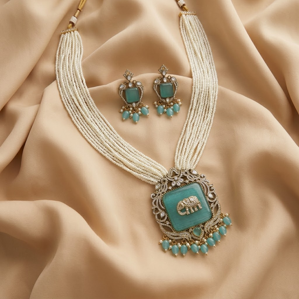 Mint Green Elephant Antique Gold Plated Multi-Layer Pearl Necklace Set