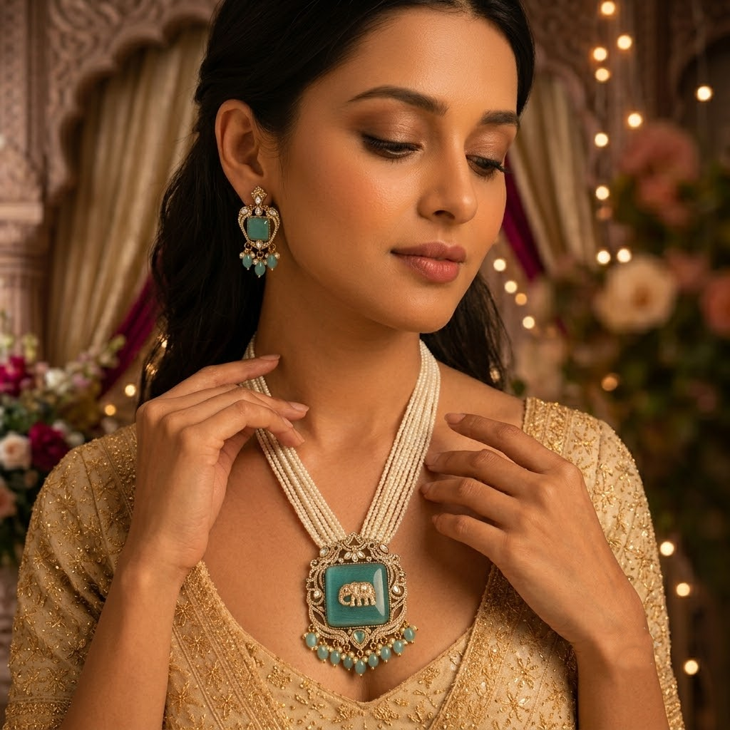 Mint Green Elephant Antique Gold Plated Multi-Layer Pearl Necklace Set