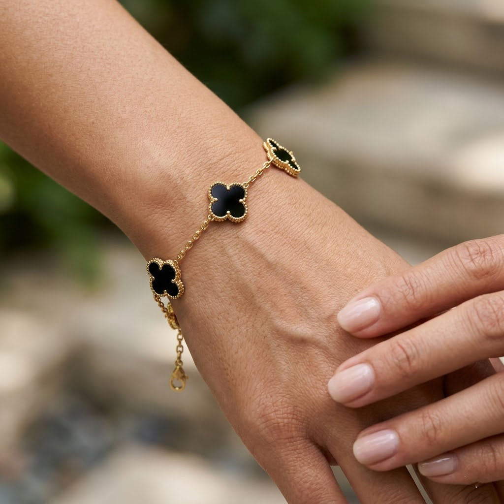 Golden Black Clover Charm Anti Tarnish Bracelet for Women