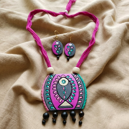 Handmade Tribal Fish Pendant Necklace Set with Matching Earrings