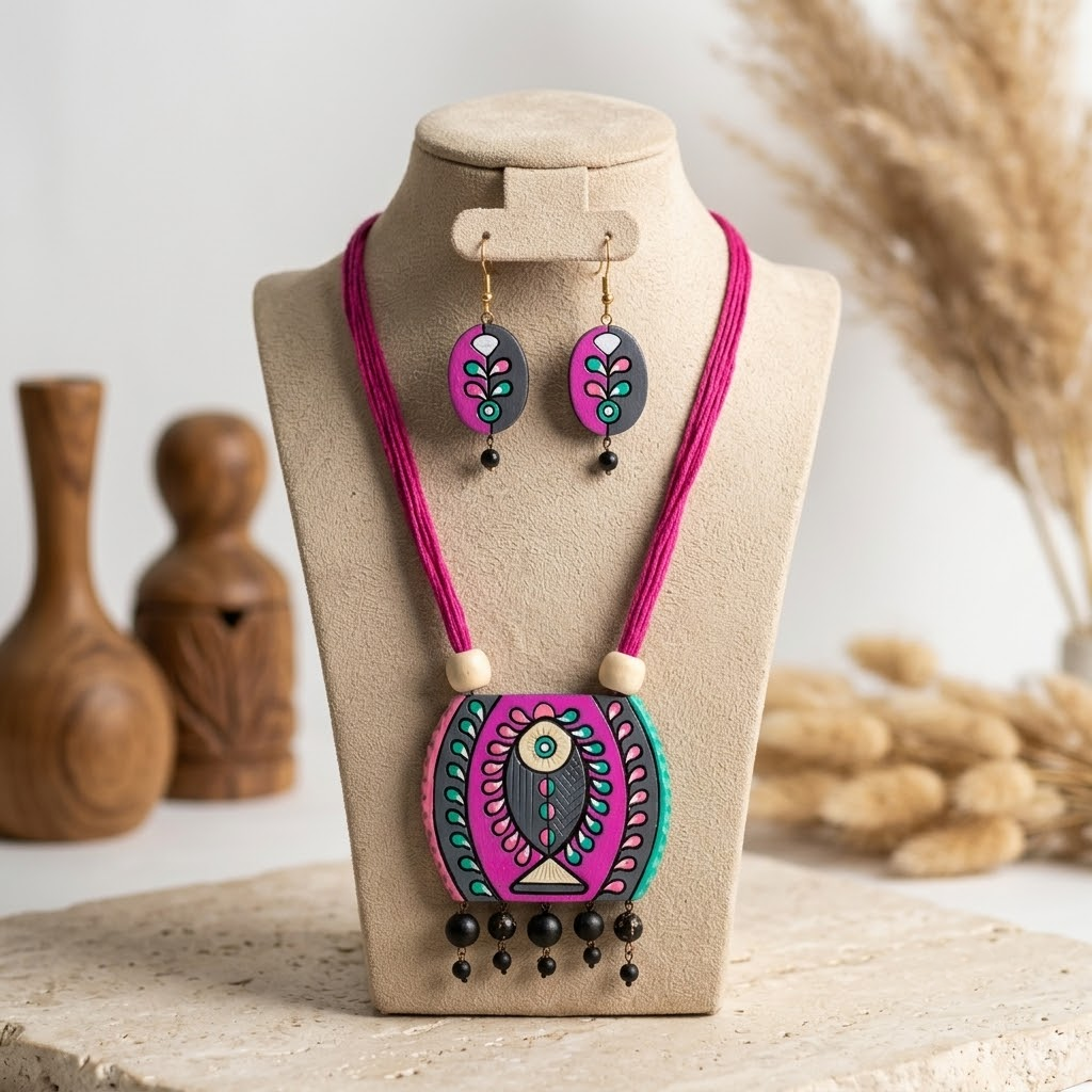 Handmade Tribal Fish Pendant Necklace Set with Matching Earrings