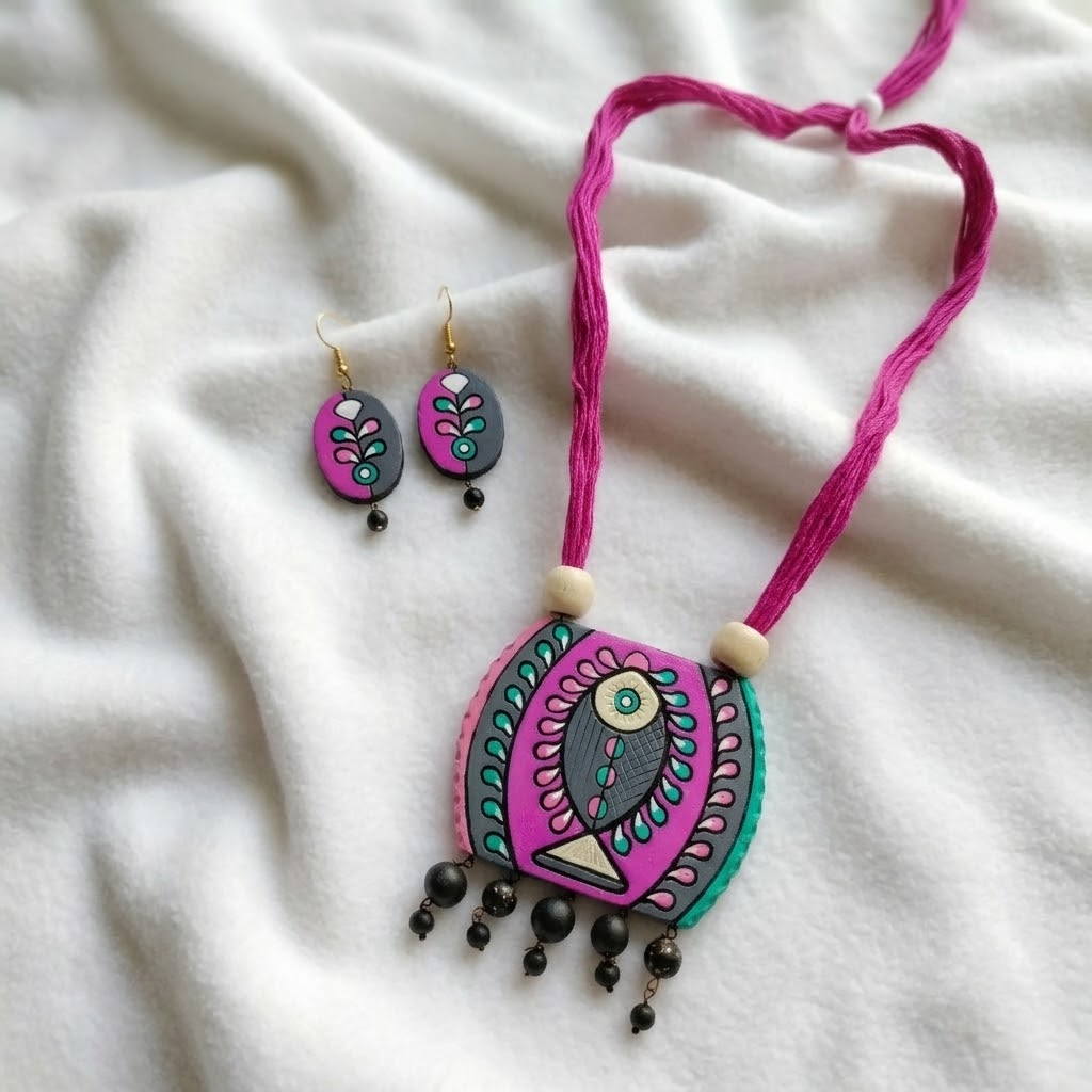 Handmade Tribal Fish Pendant Necklace Set with Matching Earrings