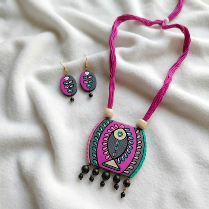 Handmade Tribal Fish Pendant Necklace Set with Matching Earrings