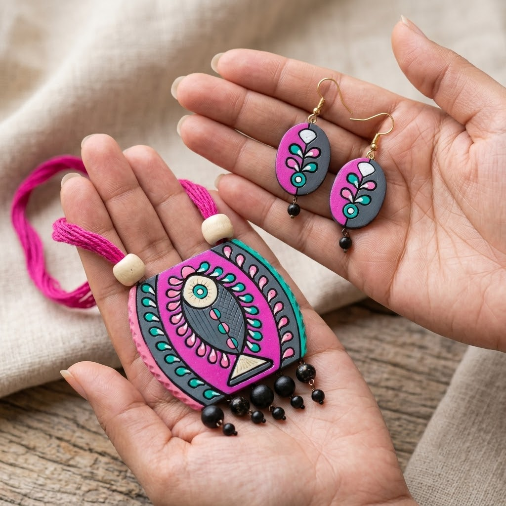 Handmade Tribal Fish Pendant Necklace Set with Matching Earrings